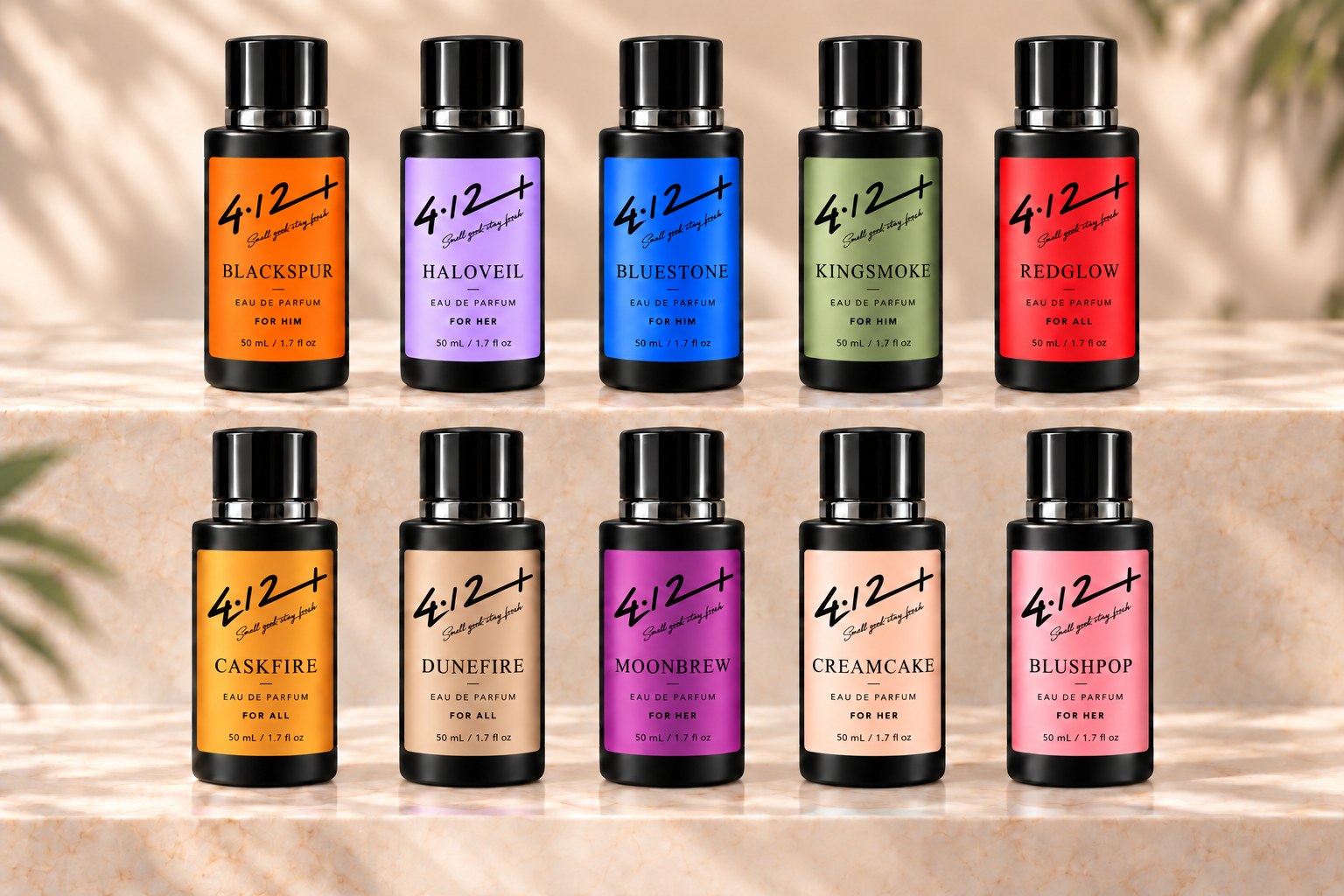 All ten 4.12+ eau de parfum bottles with colorful labels on marble steps