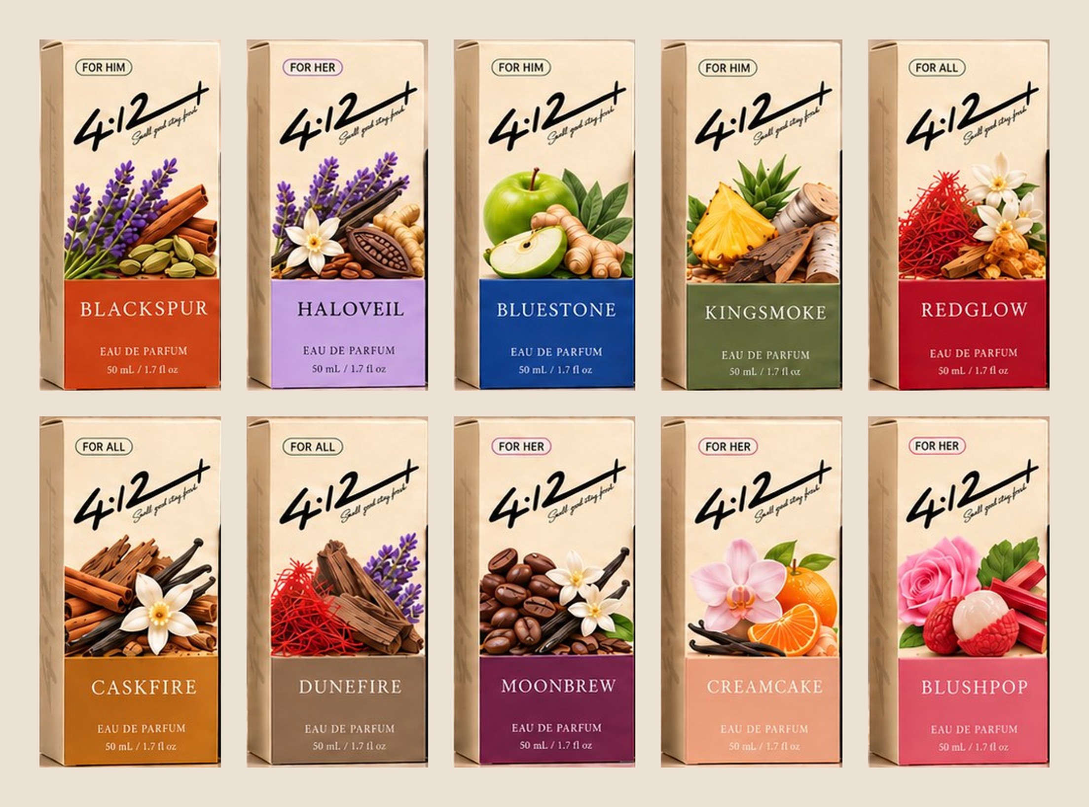 The ten 4.12+ cartons, each illustrated with its key ingredients