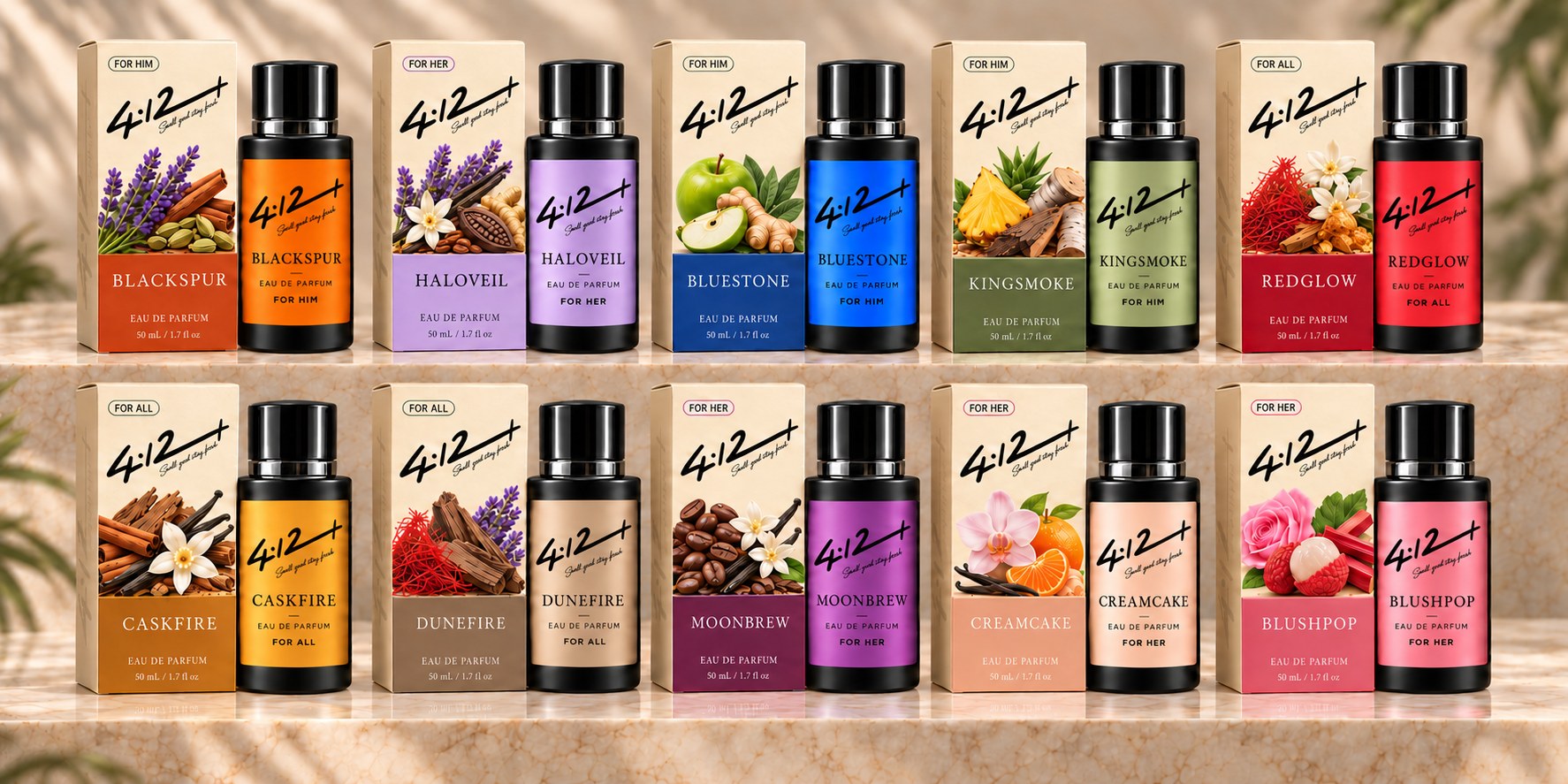 Each 4.12+ bottle paired with its matching illustrated carton